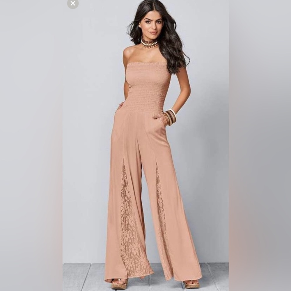 Venus Lace Inset Smocked Jumpsuit- bandeau with lace accents on the leg XL